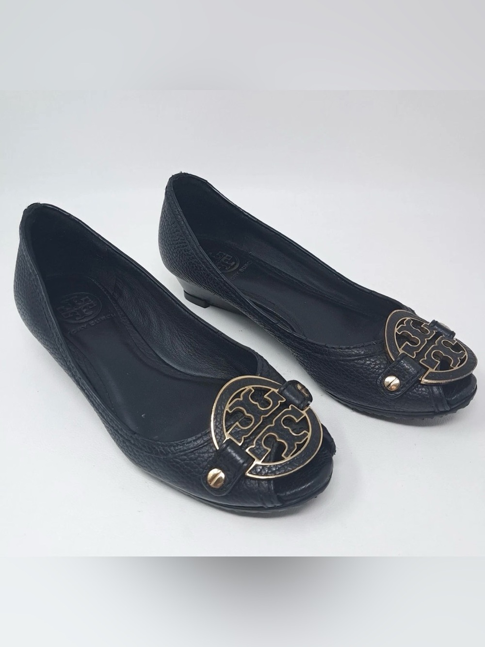 Tory Burch Black Leather Logo Medallion Ballet Small Wedges 9M